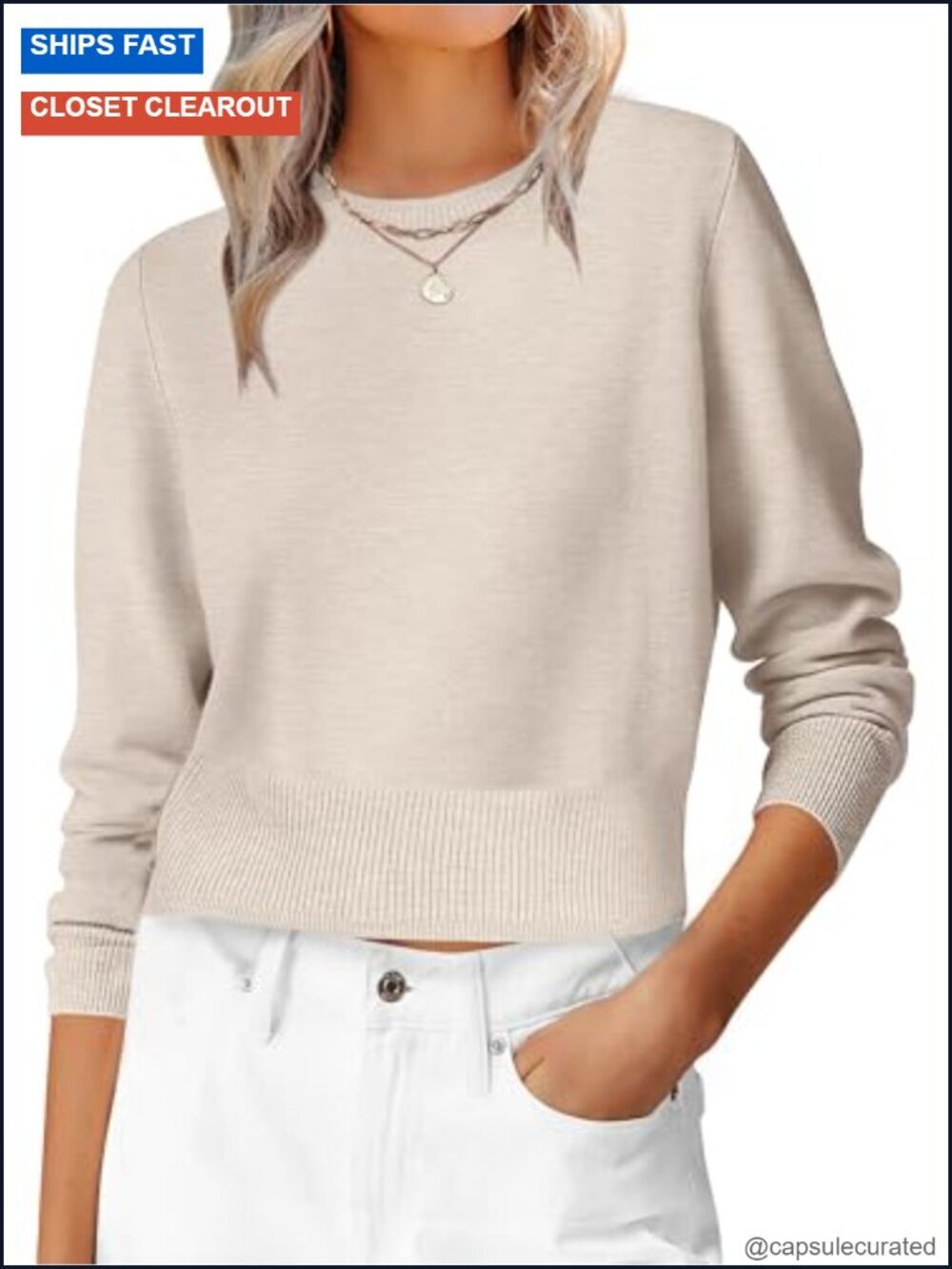 Women's Cropped Crew Neck Long Sleeve Sweater Pullover Knit Top